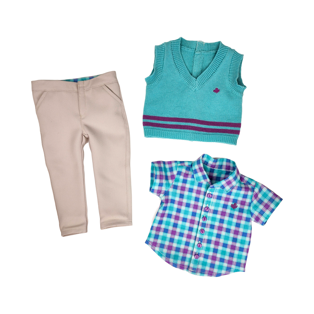 Doll's clothing set with pants, vest, and shirt suitable for Spring, Easter, or other special occasions.  Matching set for girls available.
