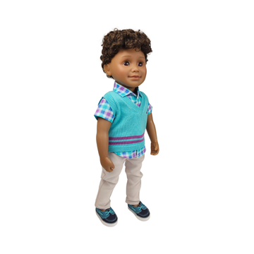 Doll wearing a turquoise sweater over a plaid shirt with beige pants and blue shoes on a white background