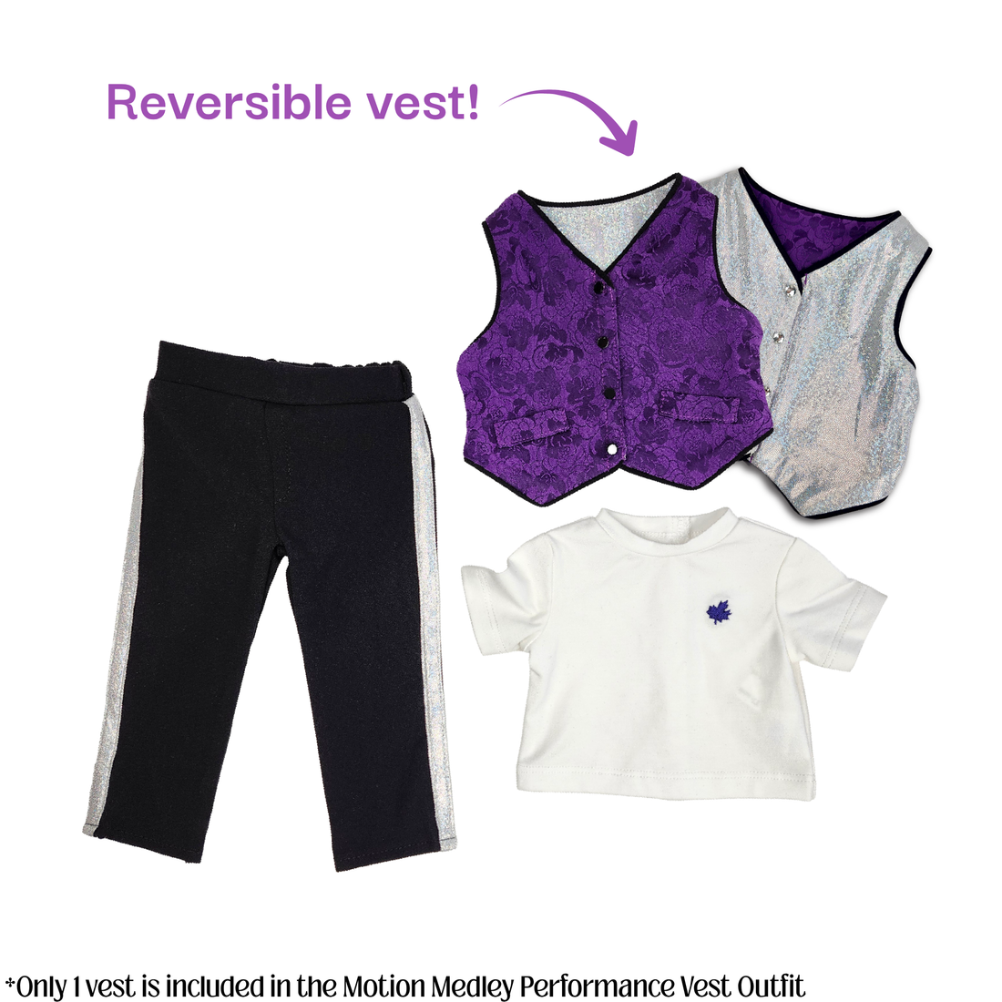 A doll with dark curly hair wearing a purple patterned vest over a white shirt, black pants, and black shoes. Outfit suitable for jazz dance, figure skating, and special festive occasions. 
