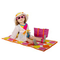 beachwear accessories, bathing suit, water shoes and sunglasses on 18 inch blonde doll