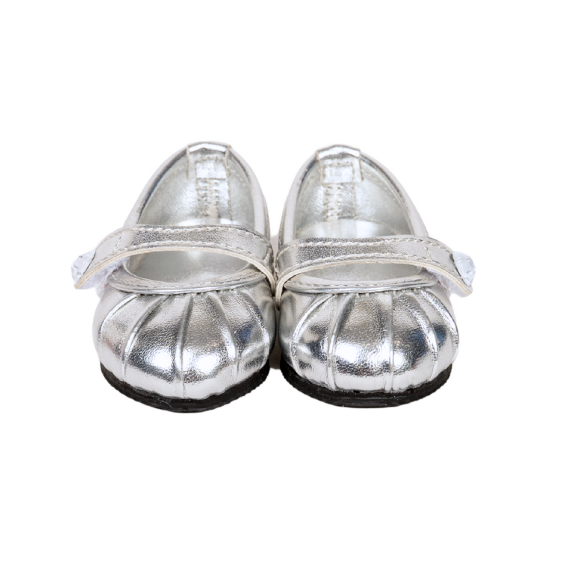 Silver Shine Shoes with pleated toe and strap fits all 18 inch dolls. 