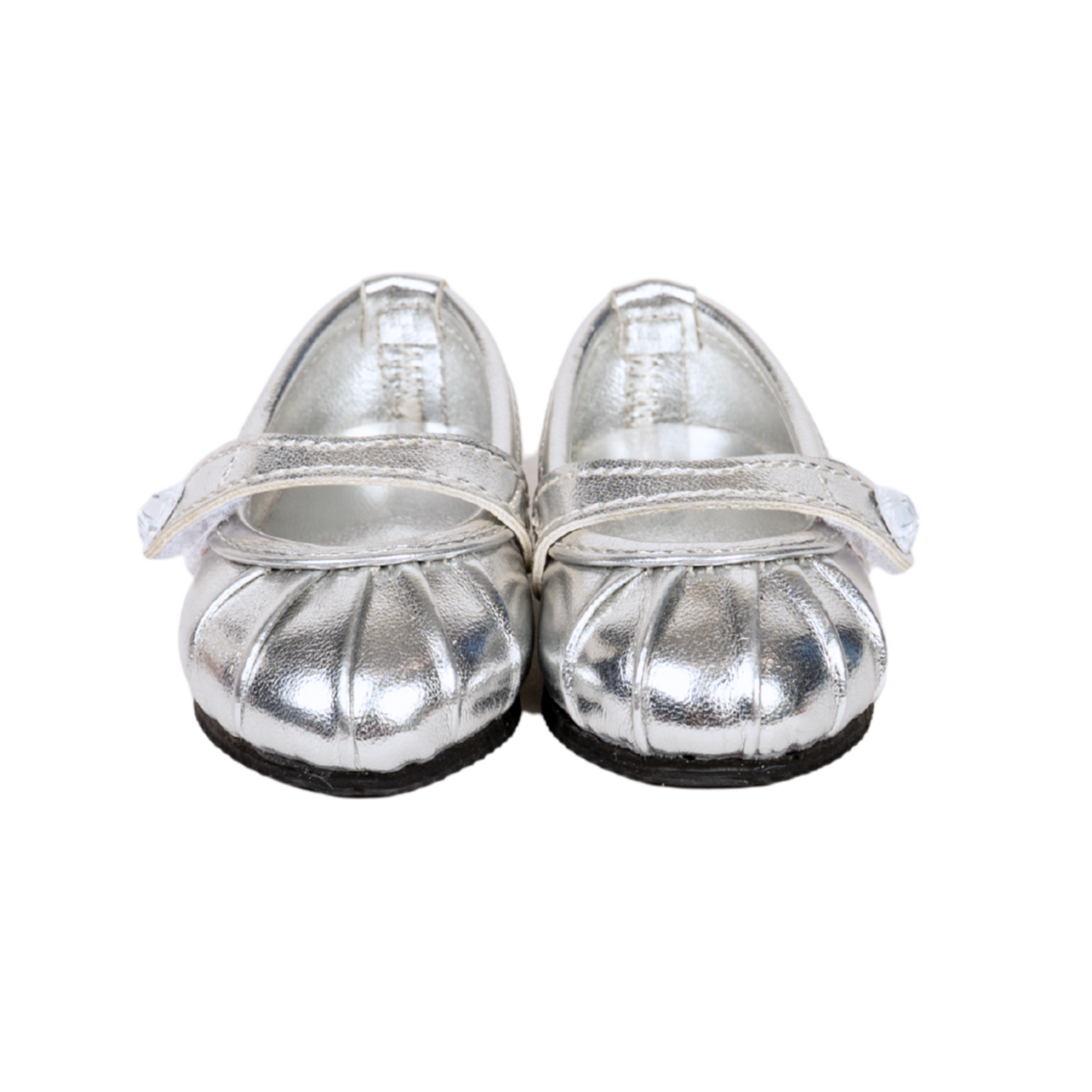 Silver Shine Shoes with pleated toe and strap fits all 18 inch dolls. 