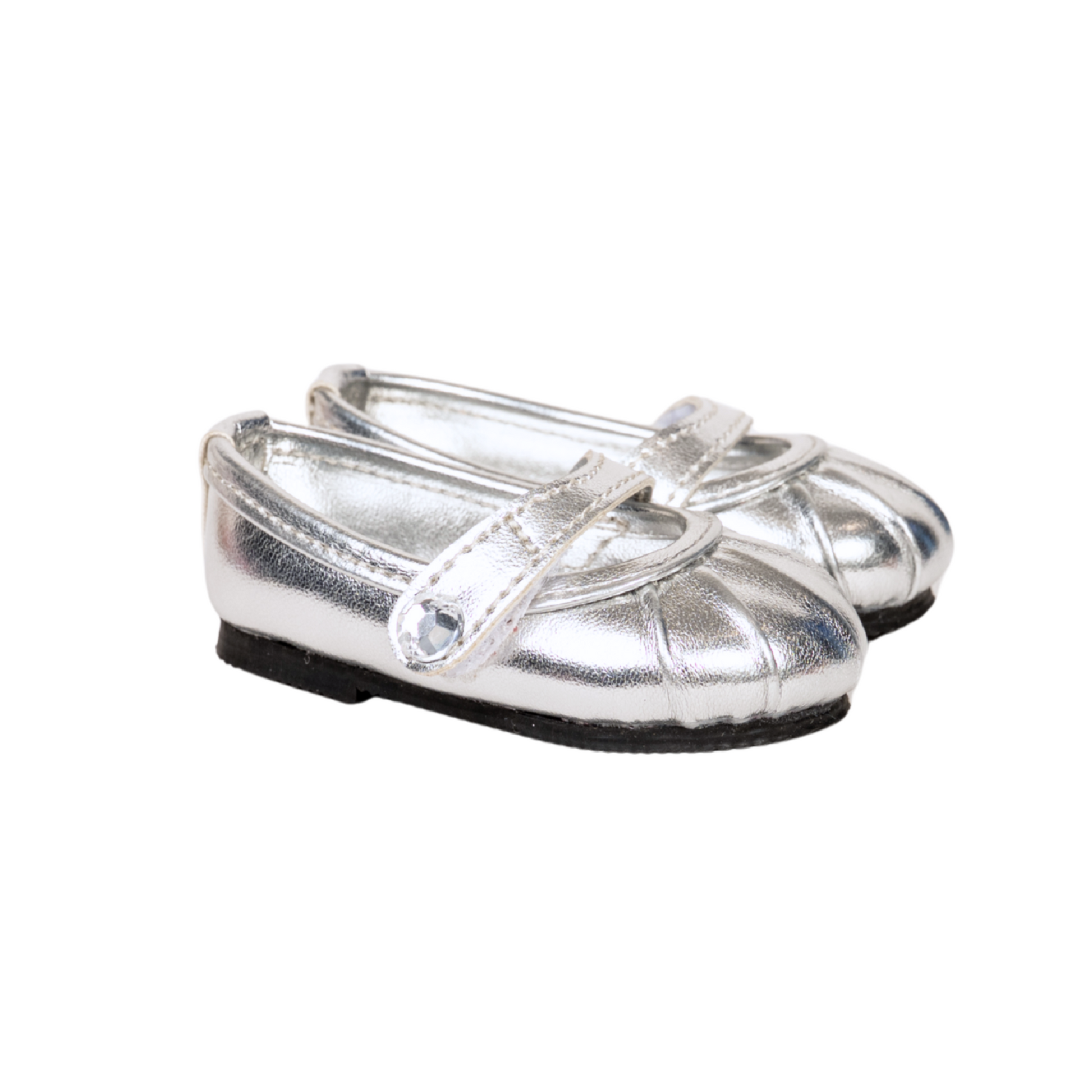 Silver Shine Shoes with pleated toe and strap fits all 18 inch dolls. 