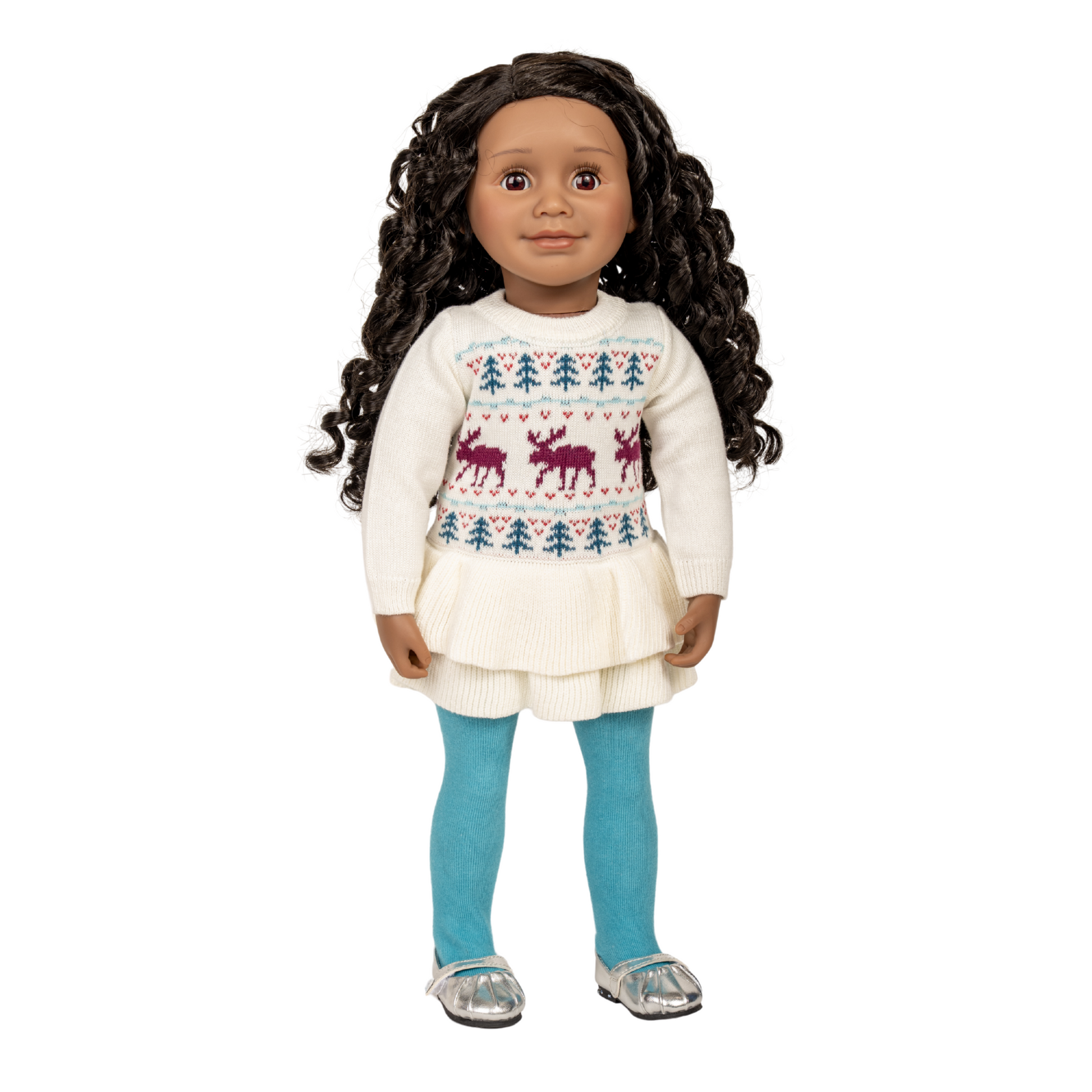 18-inch doll wearing a white sweater with moose design and blue leggings with silver shine shoes.