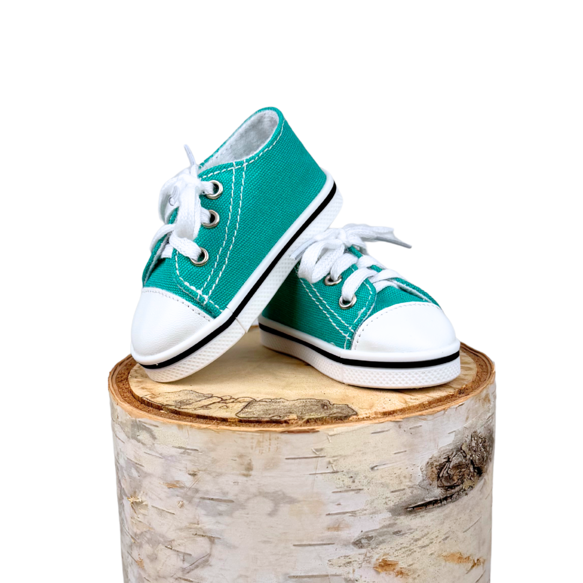Pair of teal lace up sneakers with white soles for 18-inch dolls.