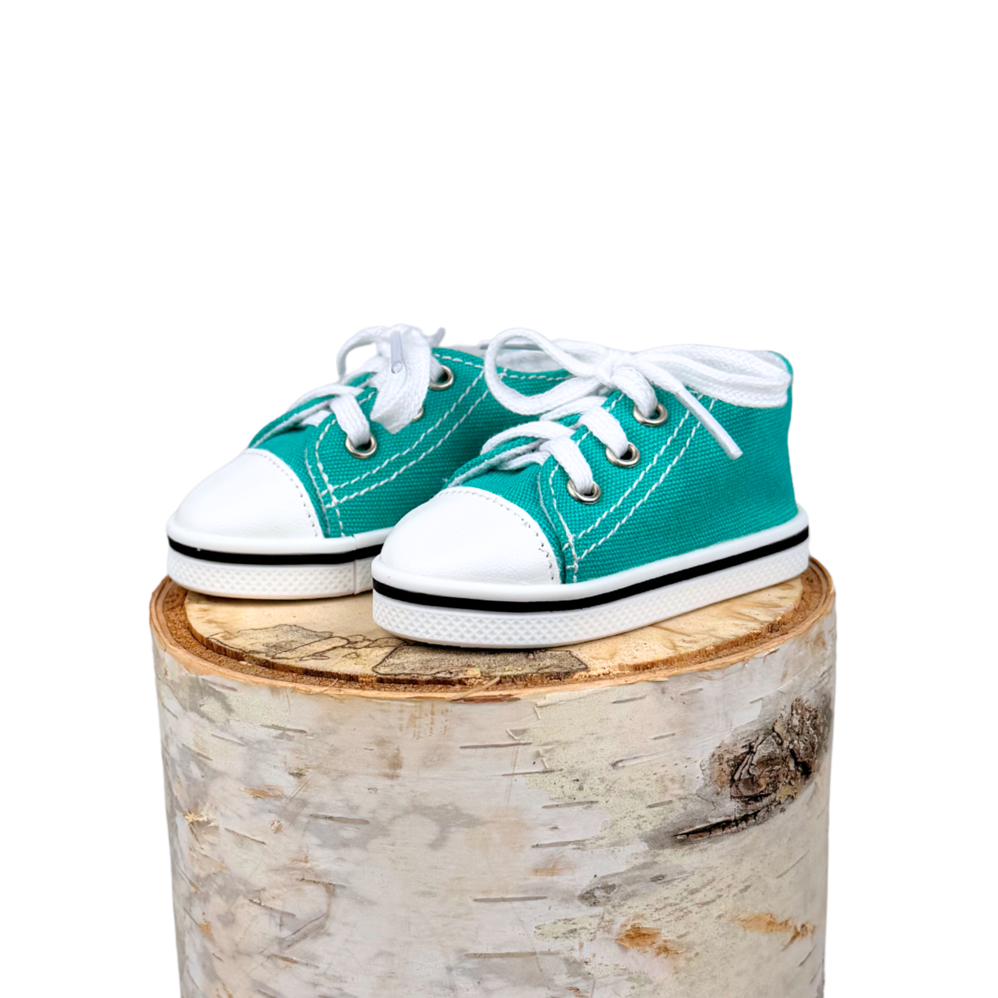 Pair of teal lace up sneakers with white soles for 18-inch dolls.