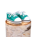 Pair of teal lace up sneakers with white soles for 18-inch dolls.