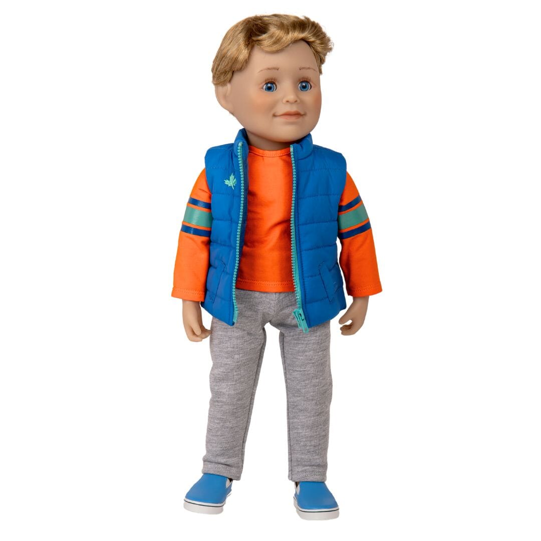 boy doll has short honey blonde hair, blue eyes, and comes in tee, track pants,  vest and shoes. 