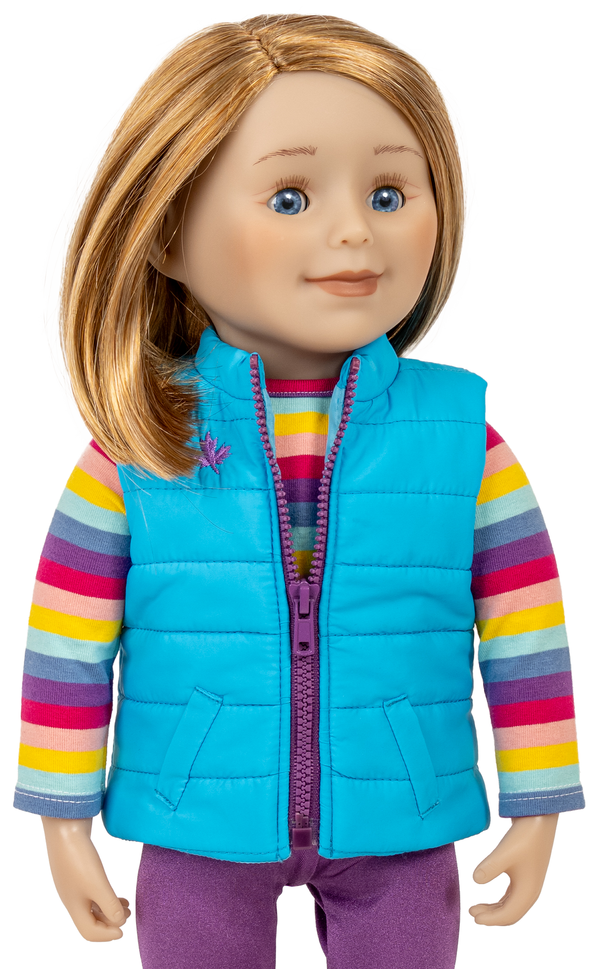 18-inch Maplelea doll with short blonde hair and bright blue eyes.