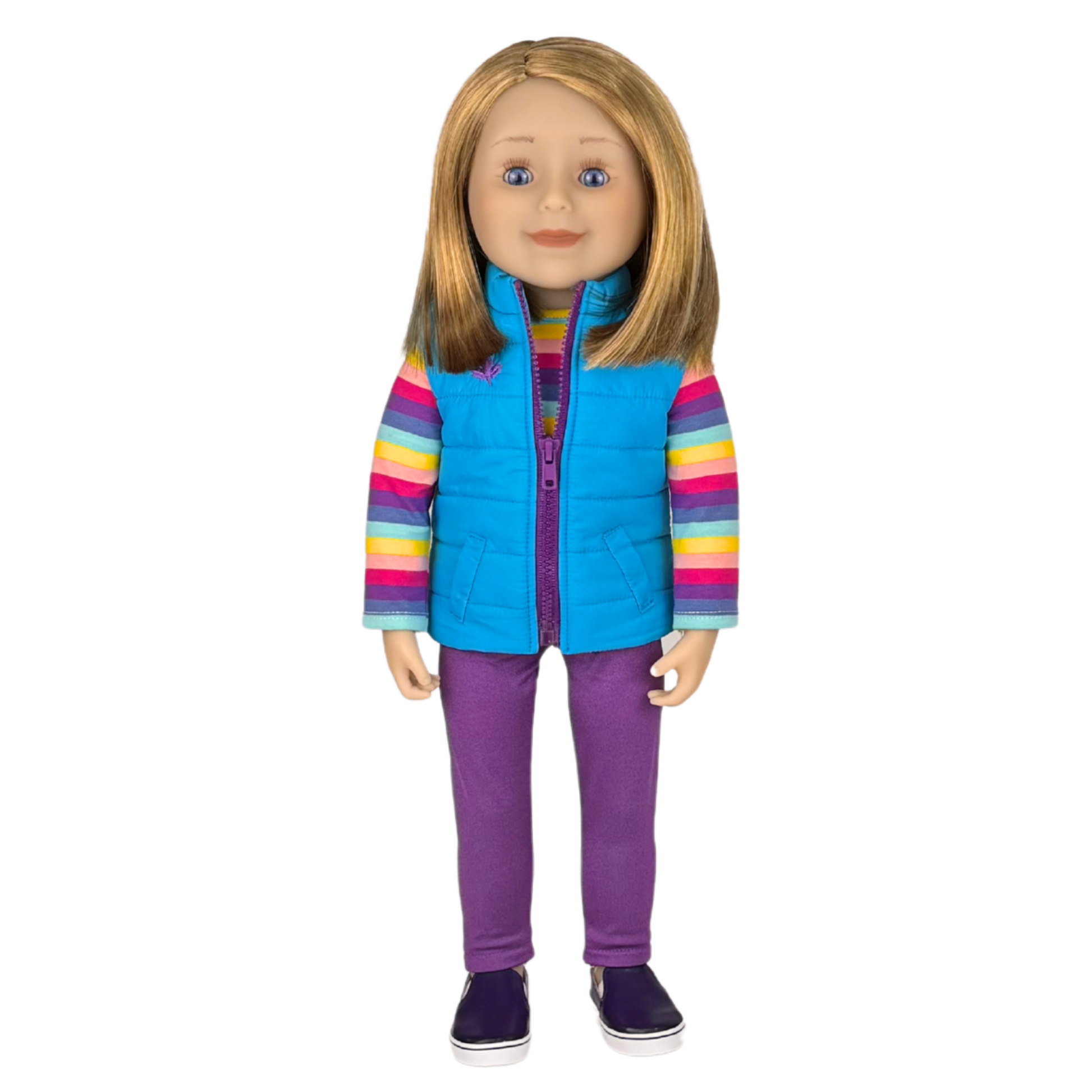18-inch Maplelea doll with short blonde hair and bright blue eyes.