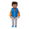18-inch maplelea and me doll with curly dark hair wearing a blue and orange jacket with gray pants 