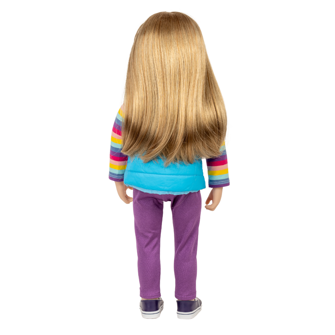 18-inch maplelea and me doll with long blonde hair wearing a colourful striped sweater and purple pants.