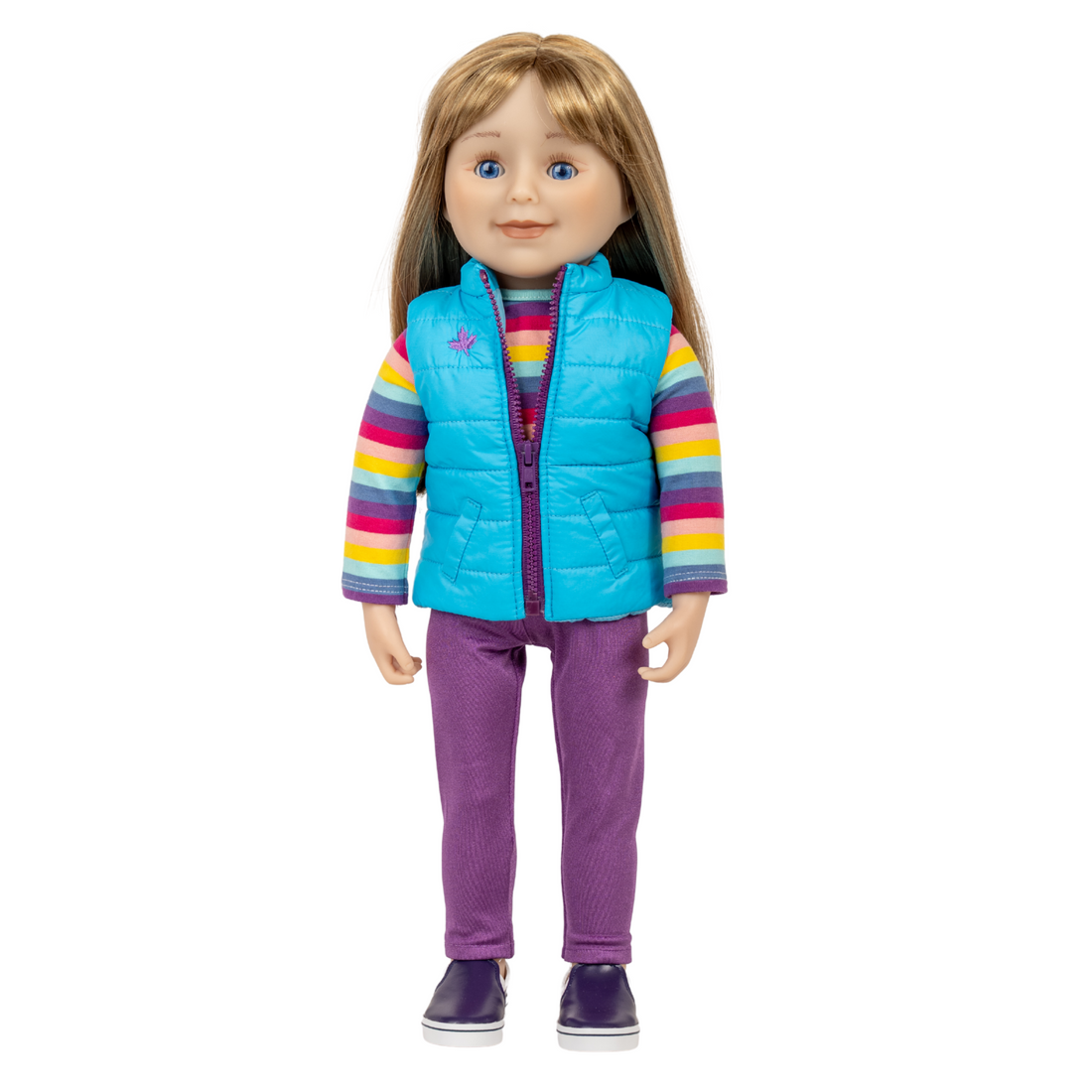 18-inch maplelea and me doll with long blonde hair wearing a colourful striped sweater and purple pants.