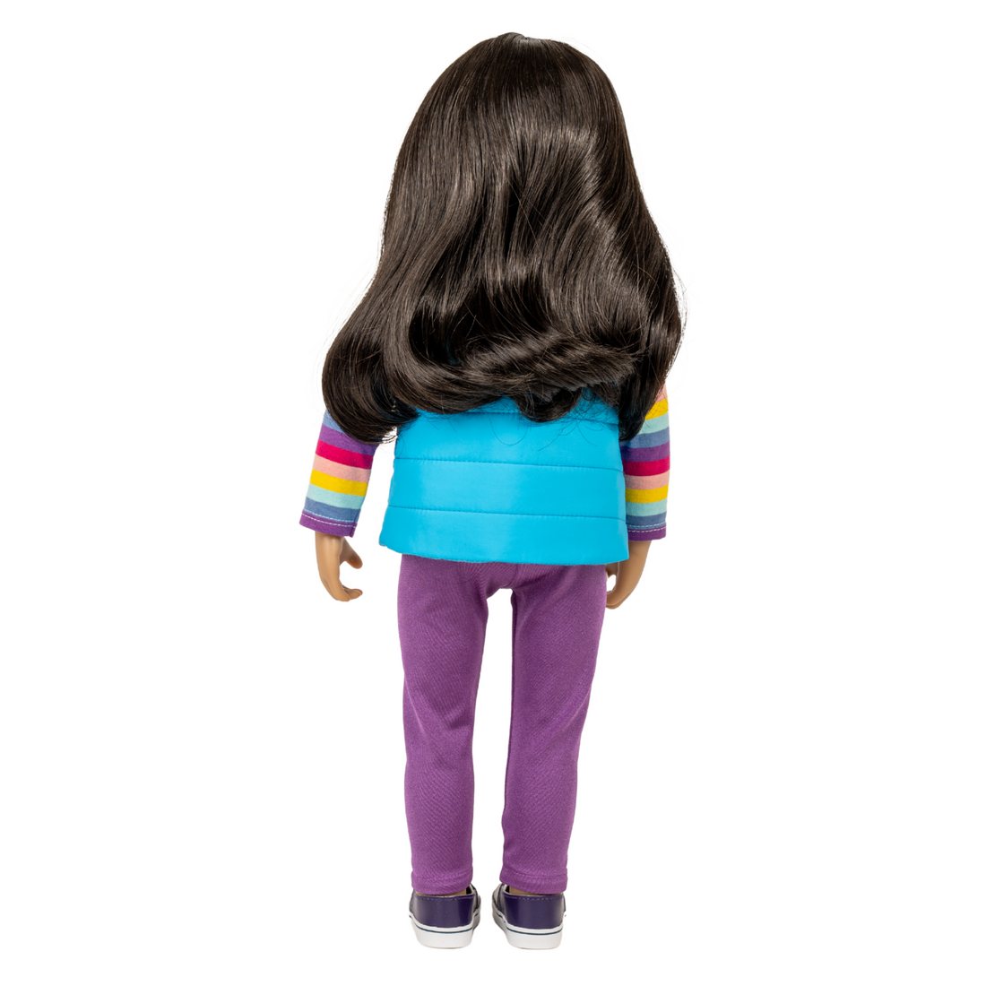 18-inch maplelea and me doll wearing a colourful outfit with a blue puffer vest.