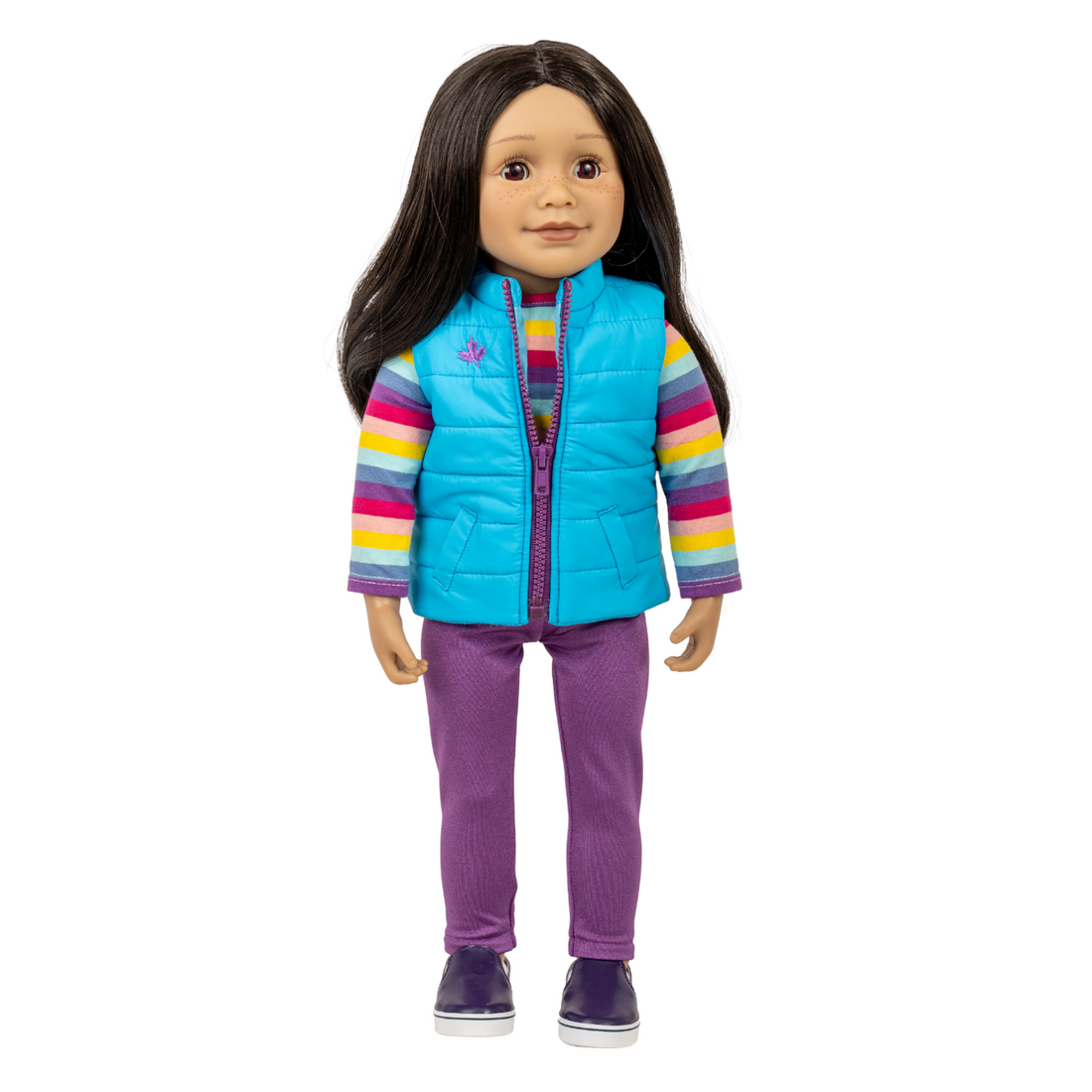 18-inch maplelea and me doll wearing a colourful outfit with a blue puffer vest.