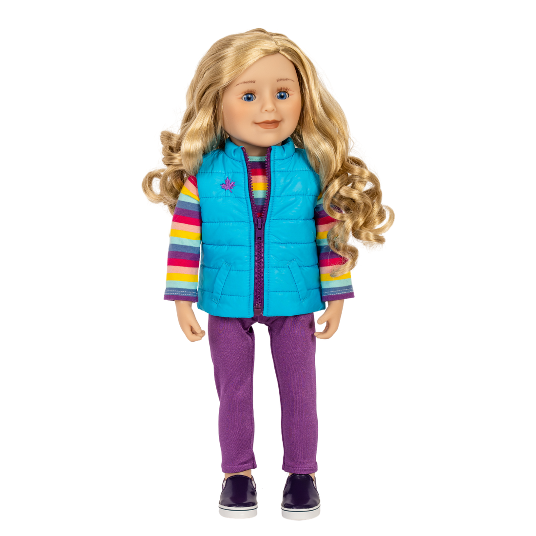 Maplelea&ME! 18-inch doll with long blonde curly hair, blue eyes and warm medium-light complexion. Best doll for kids and for girls. Canada