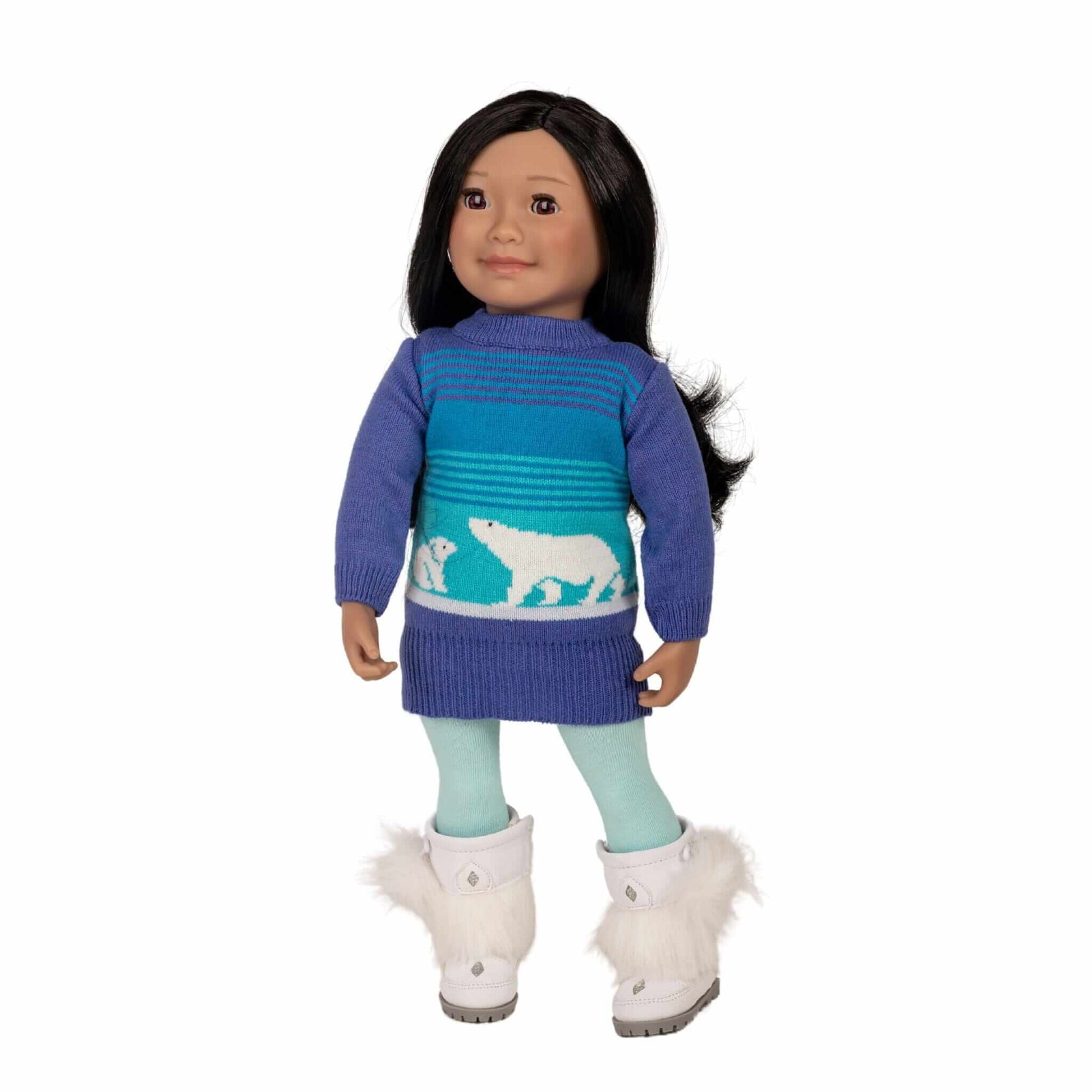 Saila maplelea 18-inch doll wearing bear hug sweater teal with polar bears on it.