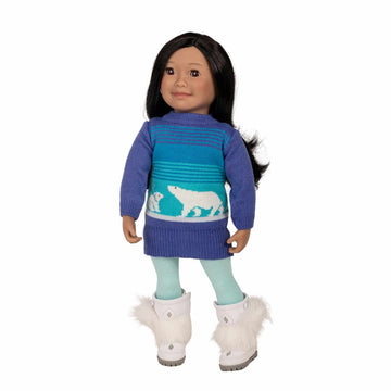 Saila maplelea 18-inch doll wearing bear hug sweater teal with polar bears on it.
