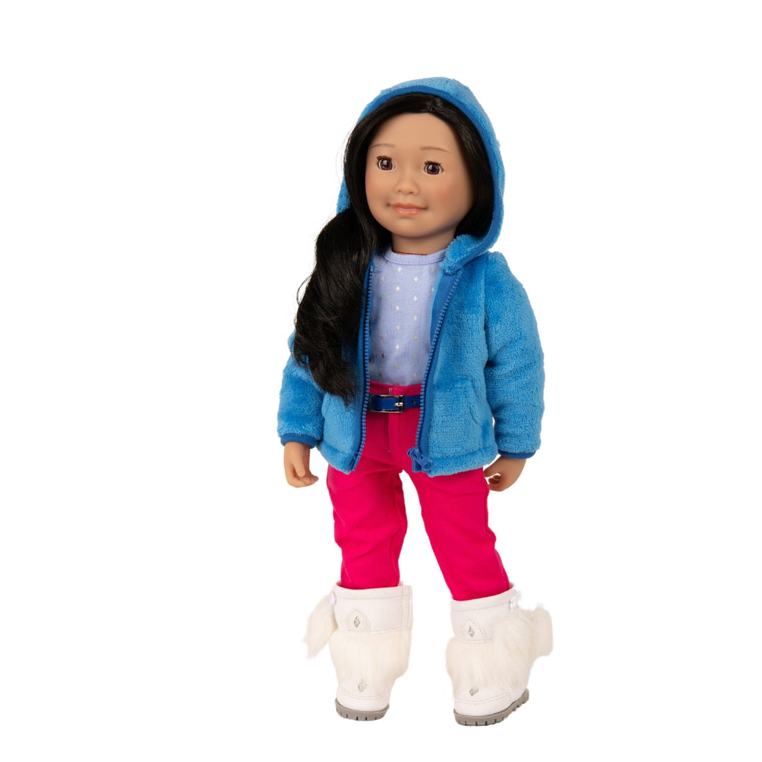 Sapphire blue belt and hoodie, shiny diamond shirt and pink pants for doll from Kimmirut Nunavut.