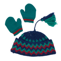 Knitted hat and mittens with a tassel.