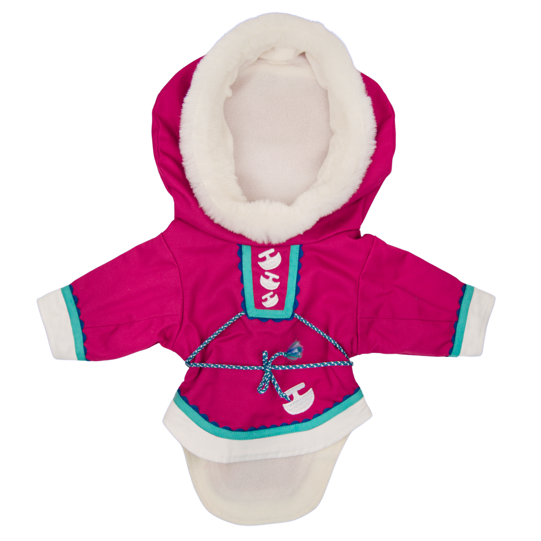 Fuchsia 18-inch doll coat with white fur lining and intricate inuit details.