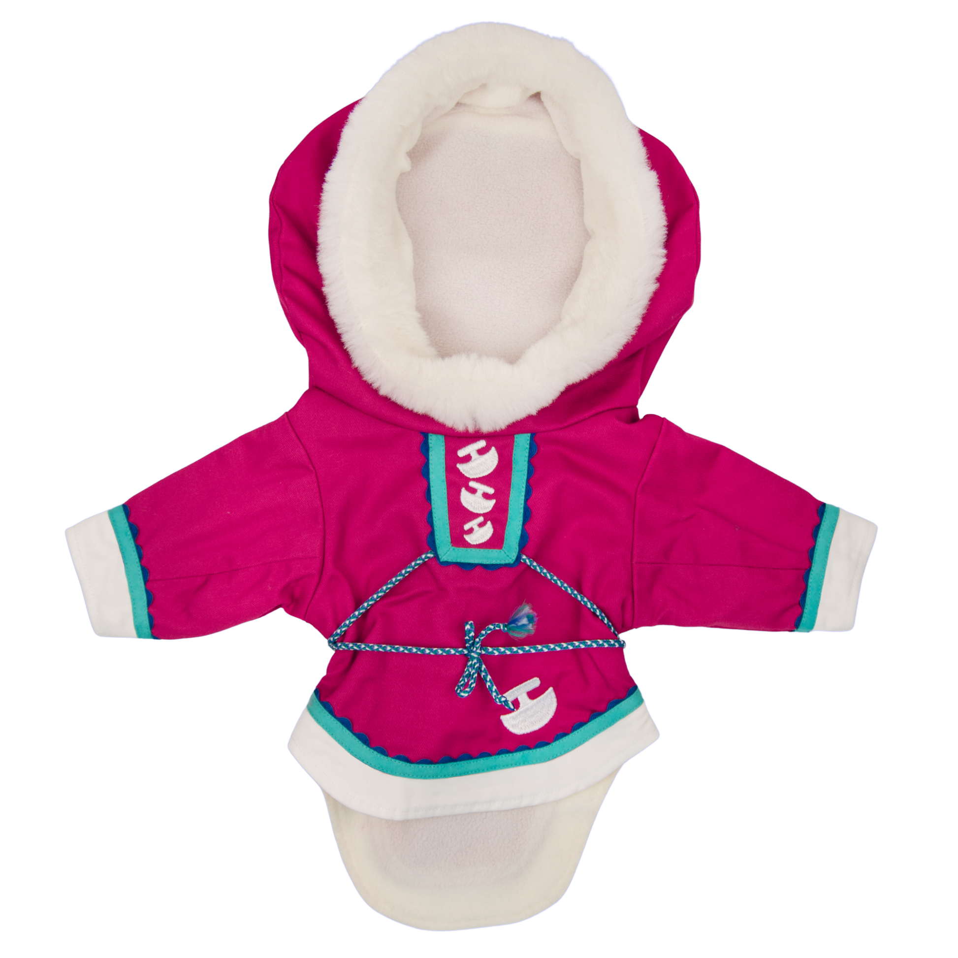Fuchsia 18-inch doll coat with white fur lining and intricate inuit details.