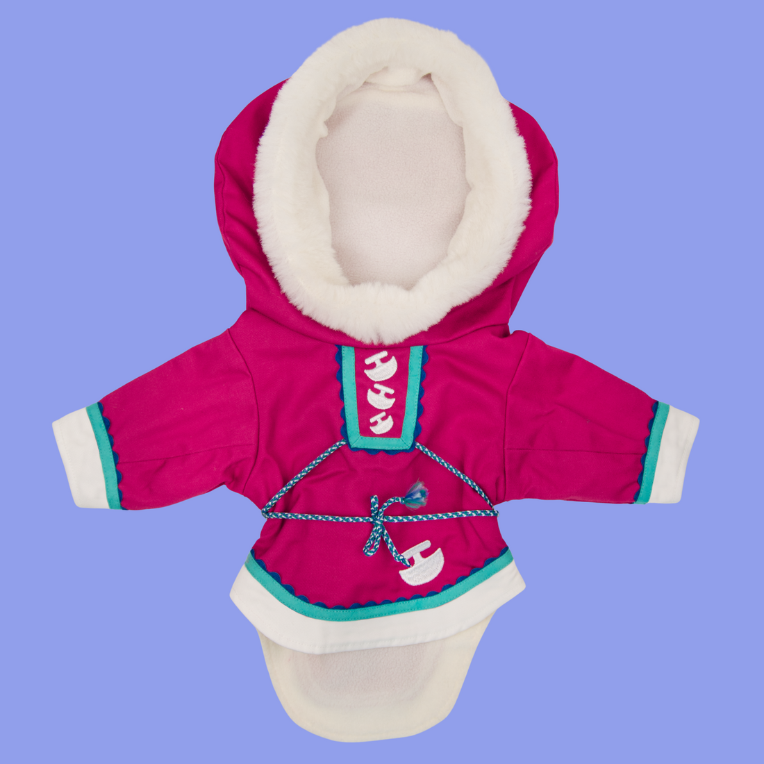 Fuchsia 18-inch doll coat with white fur lining and intricate inuit details.