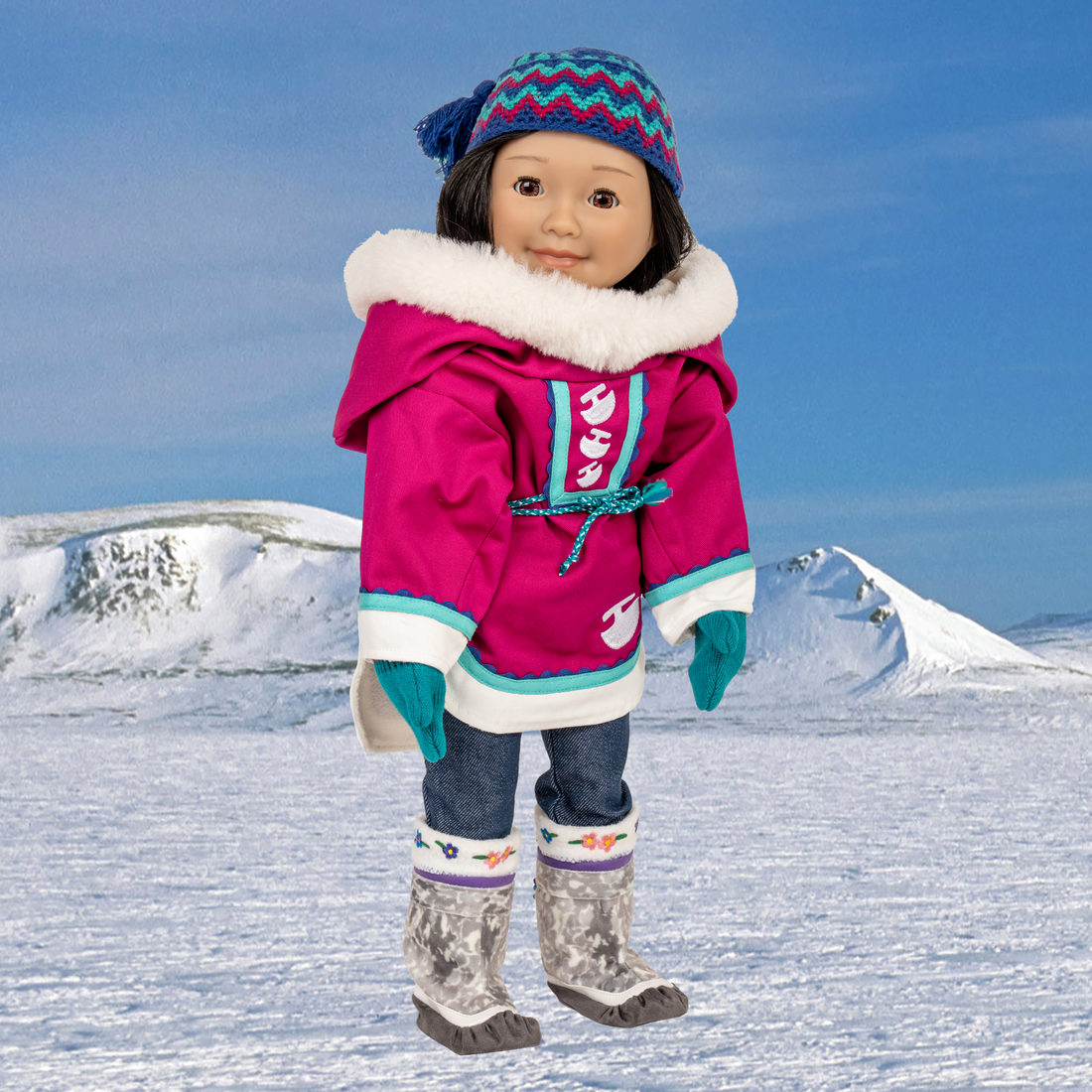 Fuchsia 18-inch doll coat with white fur lining and intricate inuit details.