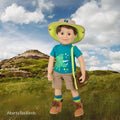 18 inch boy doll wearing dinosaur t-shirt safari hat khaki shorts socks geology with dinosaur tools