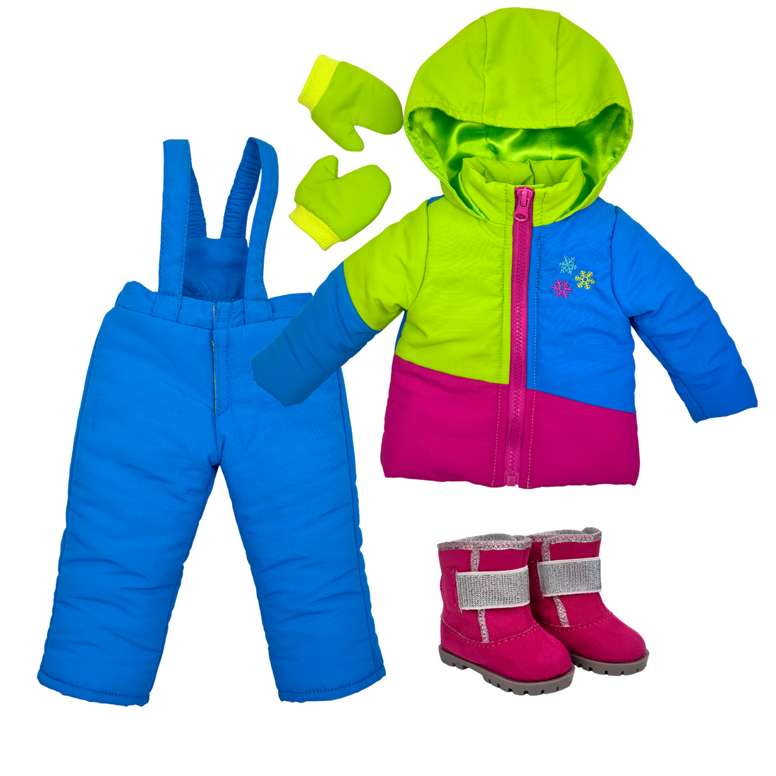 18-inch doll wearing a colourful winter snowsuit with a green hood, blue sleeves, pink jacket, and blue snowpants.