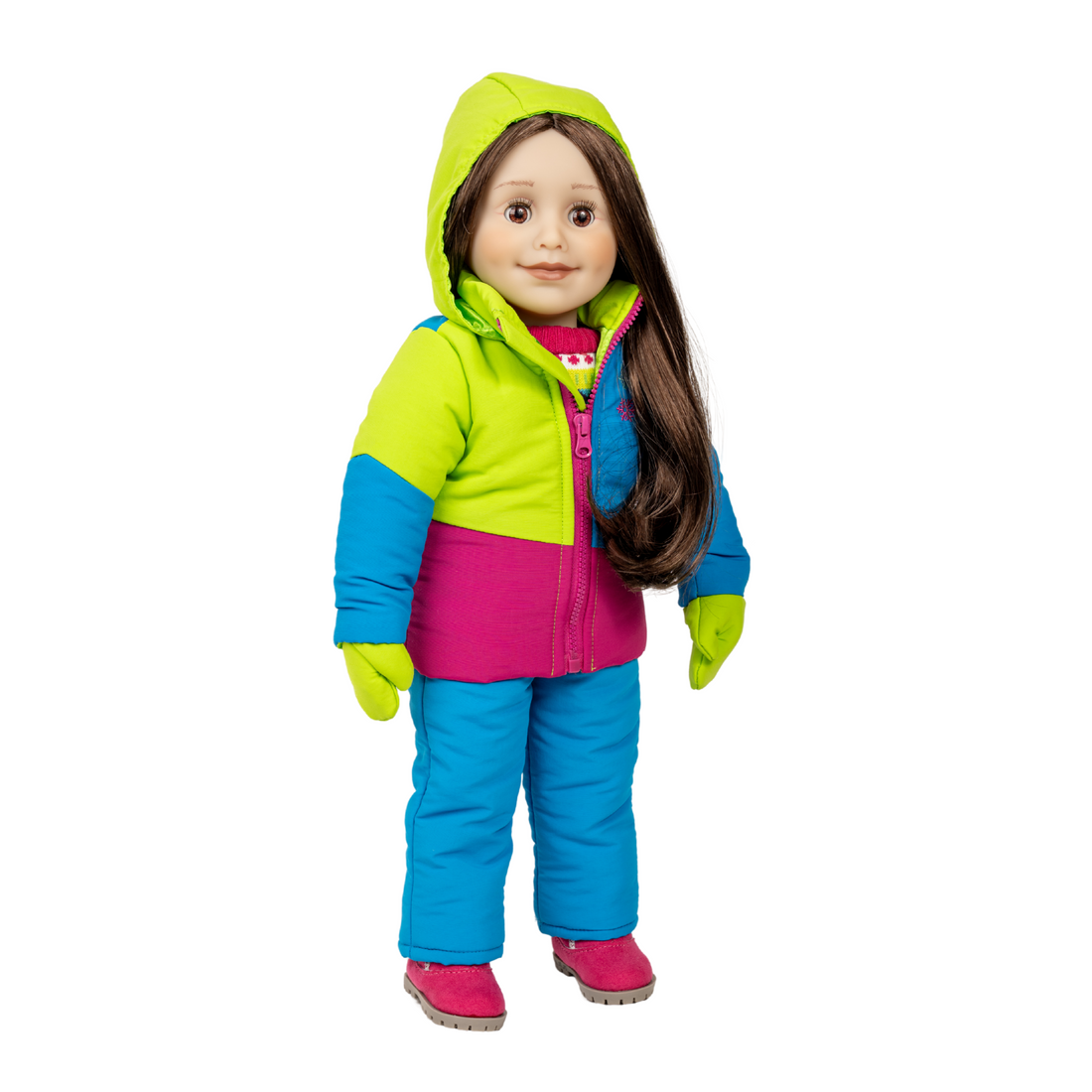18-inch doll wearing a colourful winter snowsuit with a green hood, blue sleeves, pink jacket, and blue snowpants.