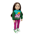 A doll with long brown hair wearing a colorful knit sweater with a mountain sunset design, magenta pants, and green and white sneakers, shown against a plain white background. Maplelea Three Sisters Sunrise sweater and fuchsia leggings outfit for 18-inch dolls. Taryn. 