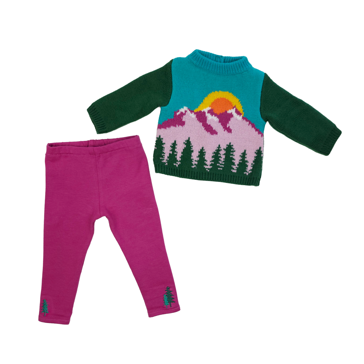 18-inch doll knit sweater and matching leggings set on a white background. The sweater has a turquoise and dark green body with a mountain landscape design featuring a yellow sun, pink and purple mountains, and green pine trees. Colourful Canadian Rockies sunrise design on Taryn's knitted doll sweater. Maplelea 