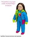 A doll wearing a bright blue and lime green Banff Big 3 Snowsuit with pink gloves and boots, shown against a plain white background with promotional text. Taryn  Maplelea 18-inch doll in jumper sweater.
