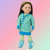 18 inch doll wearing tunic dress striped tights hairband blue boots