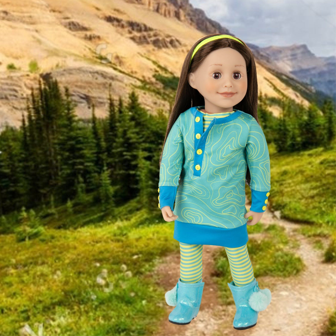 18" Maplelea Canadian girl doll wearing aqua dress with striped tights yellow hairband and boots