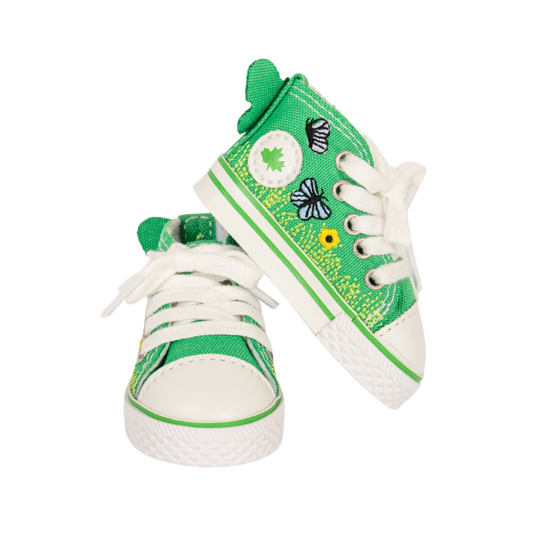 Green butterfly runners for 18-inch dolls inspired by Taryn’s Alberta nature adventure