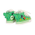 A pair of green canvas high-top sneakers with white laces, featuring embroidered spring-themed details including a butterfly, a maple leaf, a flower, and a butterfly on the side, set against a plain white background.