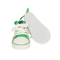 A pair of green and white canvas high-top sneakers, with one shoe standing upright and the other tilted to show its textured white sole, set against a plain white background.