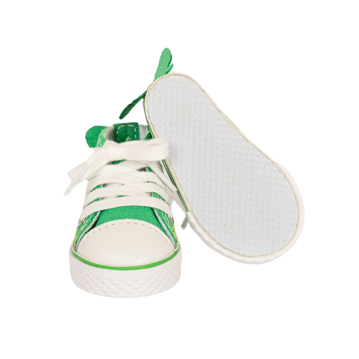 A pair of green and white canvas high-top sneakers, with one shoe standing upright and the other tilted to show its textured white sole, set against a plain white background.