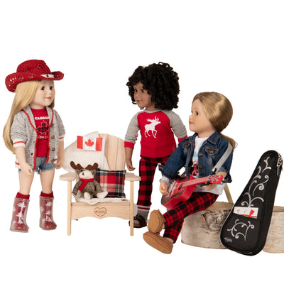 Maplelea dolls wearing Canadiana playing guitar on Muskoka chairs with stuffed moose