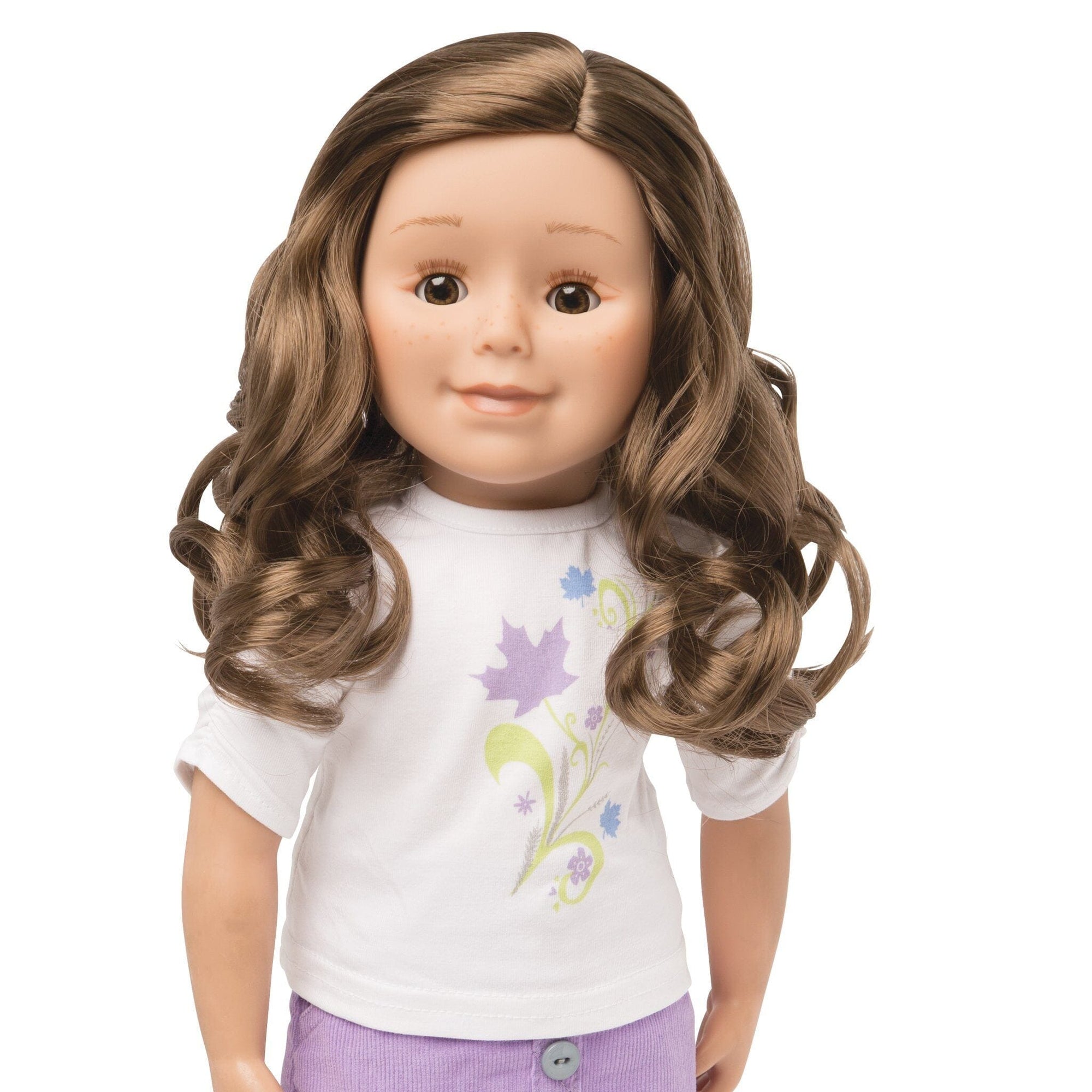 KMF27 Maplelea Friend 18 inch doll with long brown curly hair, medium-light skin, brown eyes and freckles
