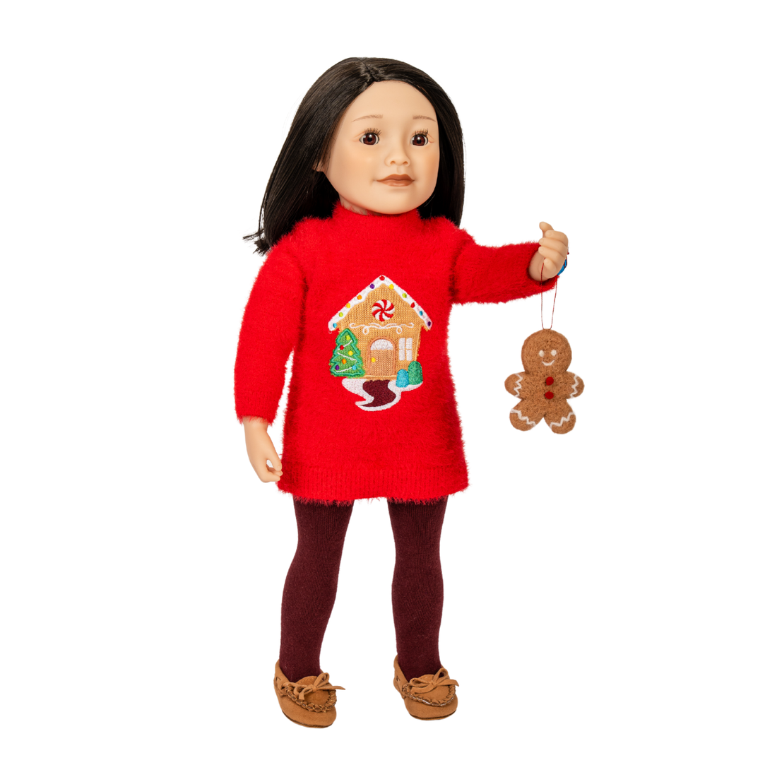 Maplelea Gingerbread Sweaterdress Set with red knit dress and burgundy tights for 18-inch dolls