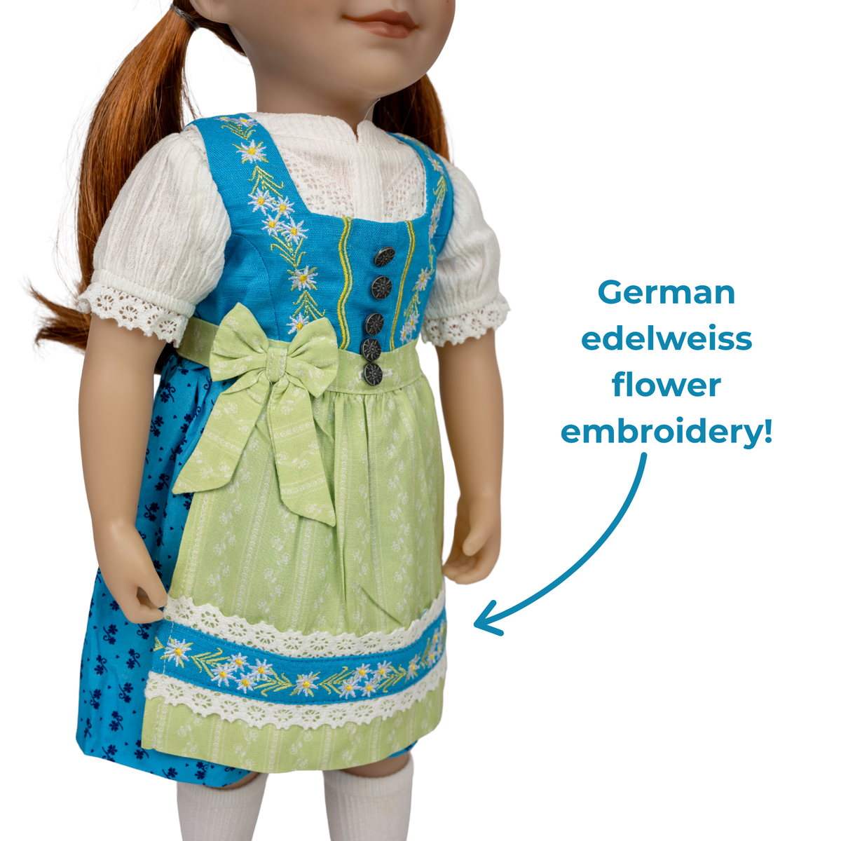A doll wearing a traditional German dirndl dress with a bright blue bodice, pale green skirt, white lace sleeves, and embroidered white flowers. Text on the right reads 'German edelweiss flower embroidery!' with an arrow pointing to the skirt embroidery. Close-up of Edelweiss detailing, lace trim and printed apron on doll dirndl dress