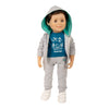18" boy doll with hoodie hood flipped up on head wearing matching t-shirt with shorts and sneakers
