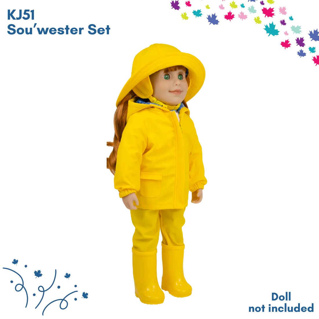 Wet Weather Bundle, rain gear and doll outfit in blue and yellow. Save 25% until April 26th. while supplies last