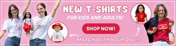 Promotional banner with a pink background advertising new Canada-themed T-shirts for kids and adults. Two adults on the left wear white “True North Canada” T-shirts, with a matching doll between them. A large headline reads “New T-Shirts for Kids and Adults!” above a red “Shop Now!” button. Circular callouts show dolls wearing matching red and white Canada-themed shirts, connected by arrows to the adult shirts. On the right, an adult wearing a red “Canada” canoe-themed T-shirt stands beside a doll in a matc