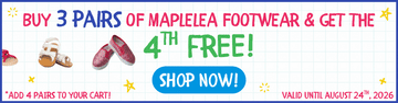 Promotional Maplelea footwear banner on a graph-paper background. Text reads: “Buy 3 pairs of Maplelea footwear & get the 4th free! Shop now!” with images of doll-sized shoes. Fine print says, “Add 4 pairs to your cart!” and “Valid until August 24th, 2026.”