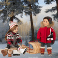 girl doll in bulky knit sweater lacing figure skates, boy doll in a red parka carrying hockey skates