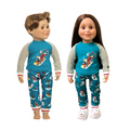 two 18-inch maplelea dolls wearing slippery slop matching pajamas.